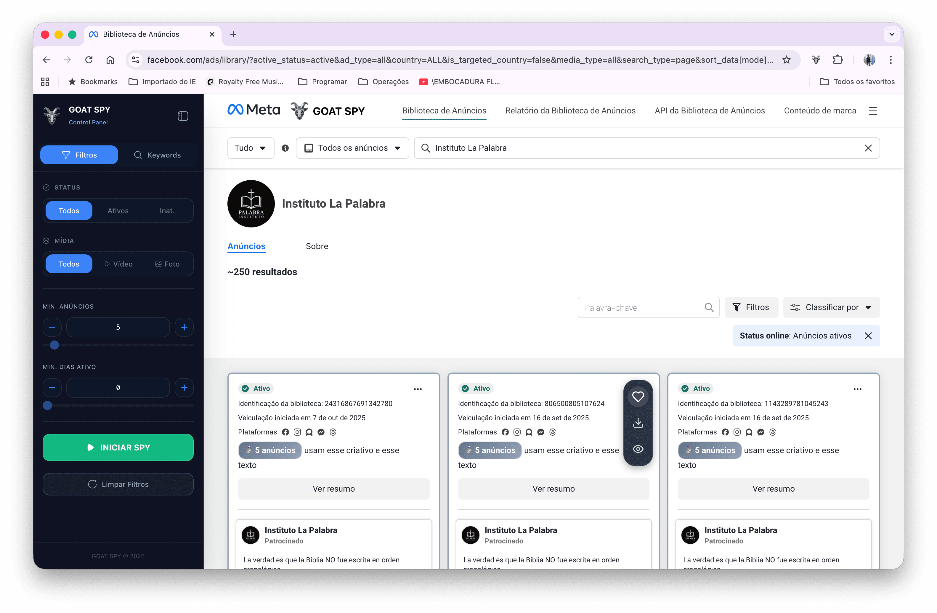 Interface da Extensão Chrome na Biblioteca de Anúncios