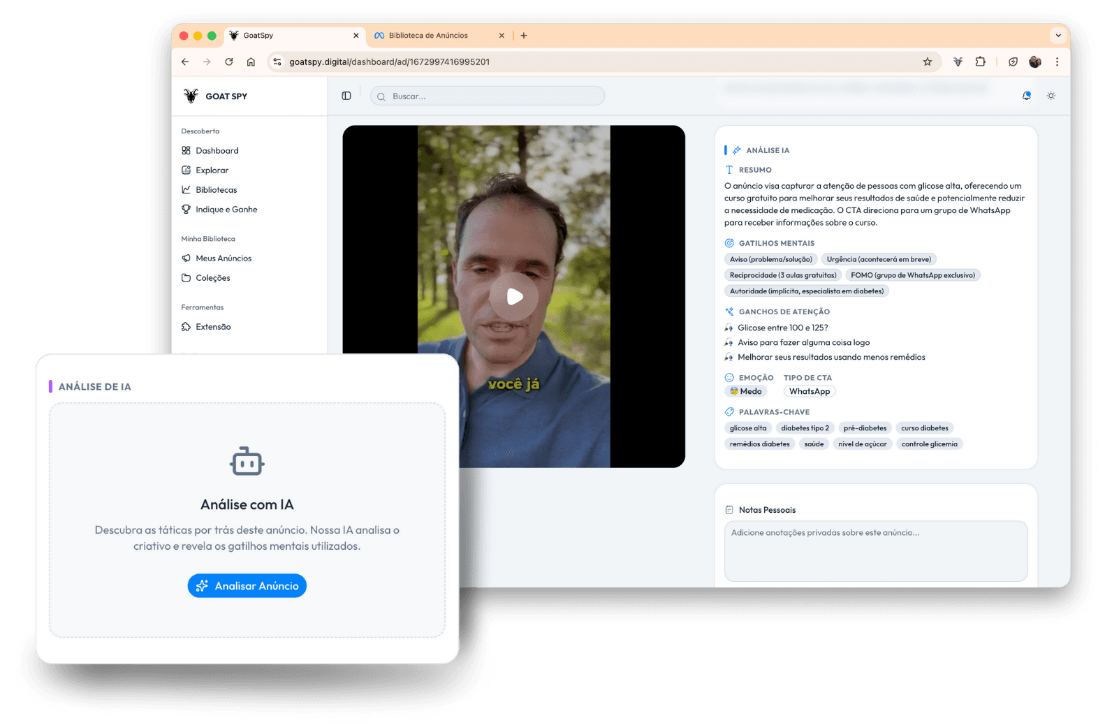 Tela de análise de IA detalhando um anúncio